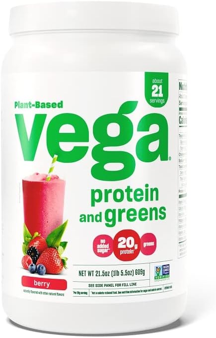 Vega Protein and Greens Protein Powder, Berry - 20g Plant Based Protein Plus Veggies, Vegan, Non GMO, Pea Protein for Women and Men, 1.3 lbs (Packaging May Vary)