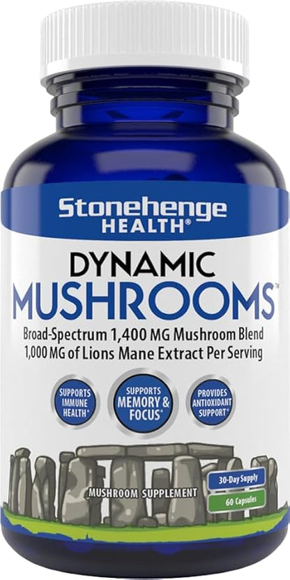 Stonehenge Health Dynamic Mushrooms - 100% Fruiting Bodies & Extracts - Lion’s Mane, Chaga, Maitake, Shiitake, Reishi - Nootropic Brain & Immune System Support - No Mycelium - 60 Veggie Capsules