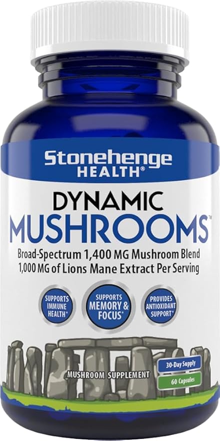 Stonehenge Health Dynamic Mushrooms - 100% Fruiting Bodies & Extracts - Lion’s Mane, Chaga, Maitake, Shiitake, Reishi - Nootropic Brain & Immune System Support - No Mycelium - 60 Veggie Capsules