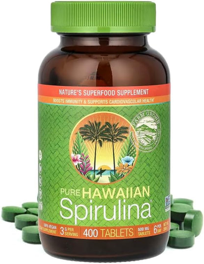 Nutrex Hawaii, Pure Hawaiian Spirulina 500 mg, Vegan, Supports Immune System, Heart, Cells and Energy, 400 Tablets