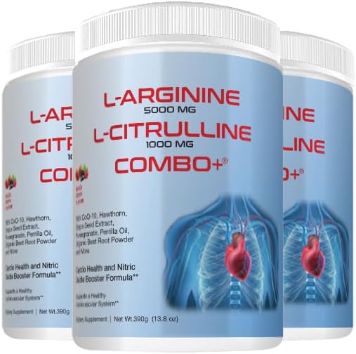 L-arginine 5000 mg and L-citrulline 1000 mg Combo, Nitric Oxide Supplement Complex, Cardio Heart Health Powder, Mixed Berry Flavor, 16.82 Oz..