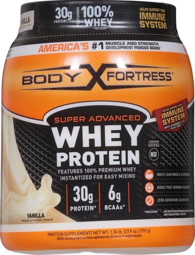 Body Fortress Super Advanced Whey Protein Powder, Vanilla, Immune Support (1), Vitamins C & D Plus Zinc, 1.74 lbs