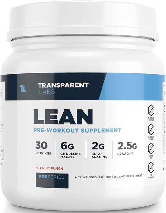Transparent Labs Lean Pre-Workout - Body Recomposition Pre Workout for Men and Women with Acetyl L-Carnitine, Beta Alanine Powder, & PurCaf Organic Caffeine Powder - 30 Servings, Fruit Punch