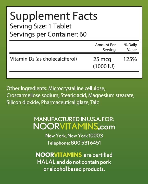 Noor Vitamins Halal Vitamin D, Halal Vitamin D3, 1000 IU Tablets, Supports Bone, Immune & Heart Health, Non-GMO, Gluten Free & Halal (60 Count)
