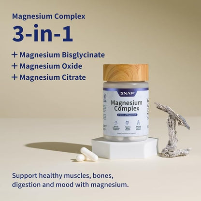 Snap Supplements 3-in-1 Magnesium Complex Supplement, Magnesium Bisglycinate, Oxide, Citrate, Triple Magnesium Complex, 60 Capsules