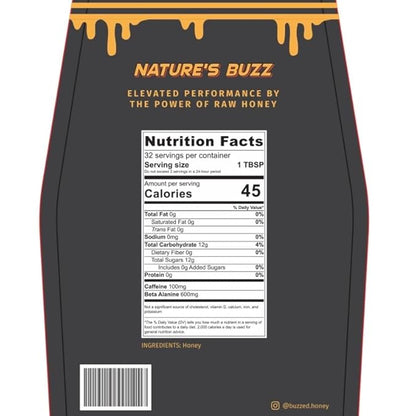 Buzzed Honey - 16oz (32 servings), Raw Unfiltered Honey, Preworkout, Natural, Clean Energy, Caffeinated, Strength, Endurance & Energy