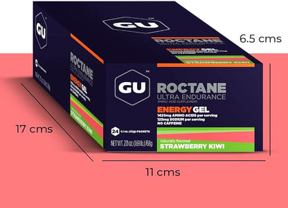 GU Energy Roctane Ultra Endurance Energy Gel, Vegan, Gluten-Free, Kosher, and Dairy-Free On-The-Go Sports Nutrition for Running, Biking, Hiking or Skiing, Strawberry Kiwi (24 Packets)
