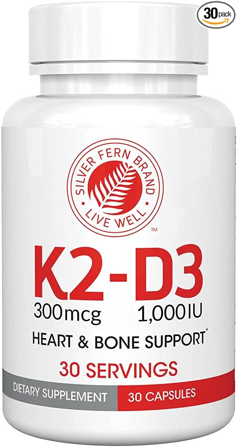 Silver Fern Vitamin K2-D3 Supplement Brand - Natural, Non-Synthetic - K2-7 as Menaquinone-7 (MK-7) - D3 as cholecalciferol - Bone, Heart & Energy Support (1 Bottle - 30 Capsules - 30 Servings)