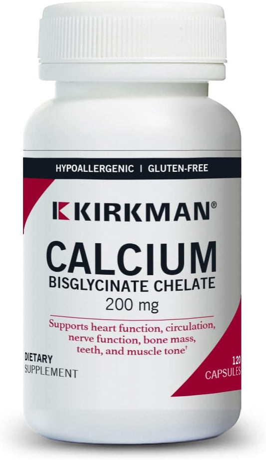 Kirkman - Calcium Bisglycinate Chelate 200mg - 120 Capsules - Without Vitamin D3 - Helps Maintain Strong Bones - Hypoallergenic