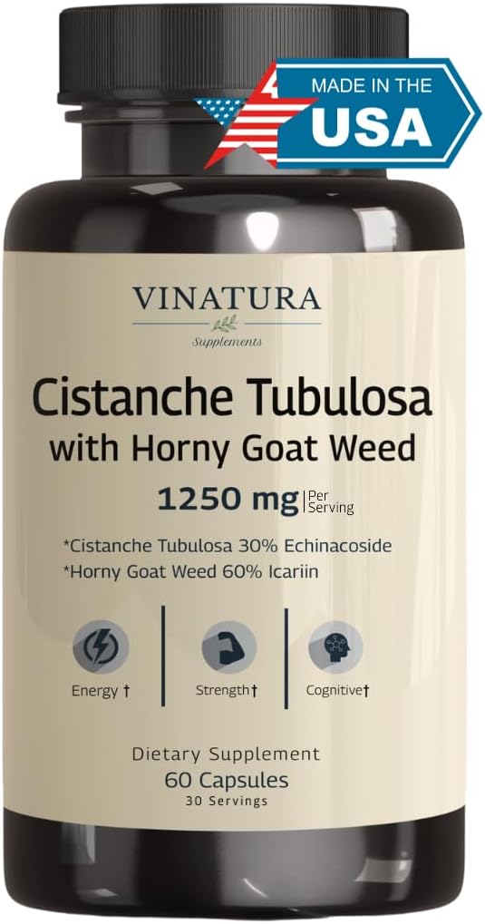 Cistanche with Horny Goat Weed 60% Icariin - 1250mg per Serving, Cistanche Tubulosa, Cistanche Supplement Men, Energy, Strength Cognitive *USA Made and Tested* - 60 Capsules 30 Servings