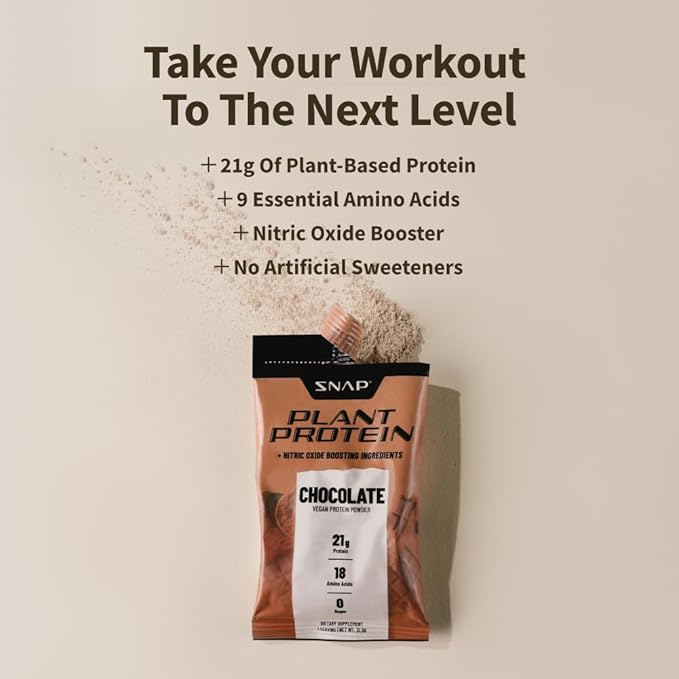 Snap Supplements 100% Plant Based Protein Powder Stick Packs with Nitric Oxide Booster (10 Pack, Chocolate)