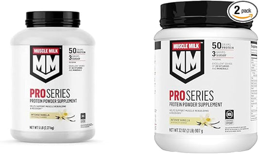 Muscle Milk Pro Series Protein Powder Supplement, Intense Vanilla, 5 Pound 28 Servings & 2 Pound 11 Servings, 50g Protein, 20 Vitamins & Minerals