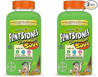 Flintstones Sour Gummies Kids Vitamins, Gummy Multivitamin for Kids with Vitamins A, B6, B12, C, D & more, 180ct (Pack of 2)