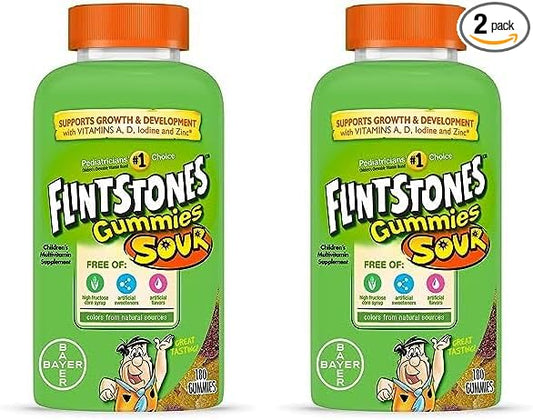 Flintstones Sour Gummies Kids Vitamins, Gummy Multivitamin for Kids with Vitamins A, B6, B12, C, D & more, 180ct (Pack of 2)