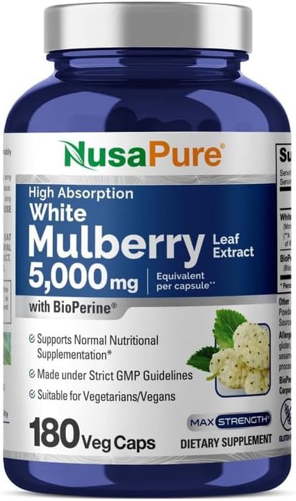 NusaPure White Mulberry Leaf Extract 5,000mg 180 Veggie Caps (Vegetarian, Bioperine)