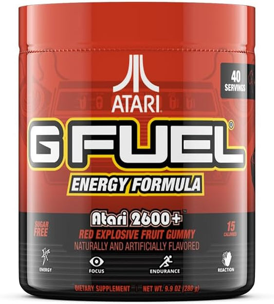 G Fuel Atari 2600+™ Energy Drink Powder, Pre Workout Caffeine Powder, Energy Powder Drink Mix for Gaming, Sugar Free Focus Amino, Vitamin + Antioxidants, 9.9oz (Red Explosive Fruit Gummy, 40 Servings)