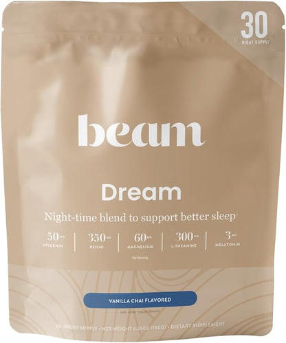 Beam Dream Sleep Powder, Sleep Aid, Sleep Aids for Adults, Contains Magnesium, Melatonin, L Theanine, Apigenin, Natural Sleep Supplement, Vegan, Non GMO, Dairy Free, 3rd Party Tested, 30 Servings