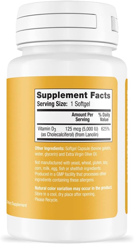 Better Way Health Vitamin D3-5,000 IU Softgel - High Potency Formula, Supports Bone Health & Immune System - 120 Softgels of Vitamin D3 - Non-GMO, Dairy Free