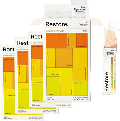 Restore - Electrolyte Powder Packets - Workout Recovery & Hydration Drink Mix with Glutathione, Vitamin C & B Vitamins - Mango Lemonade (28 Sticks)
