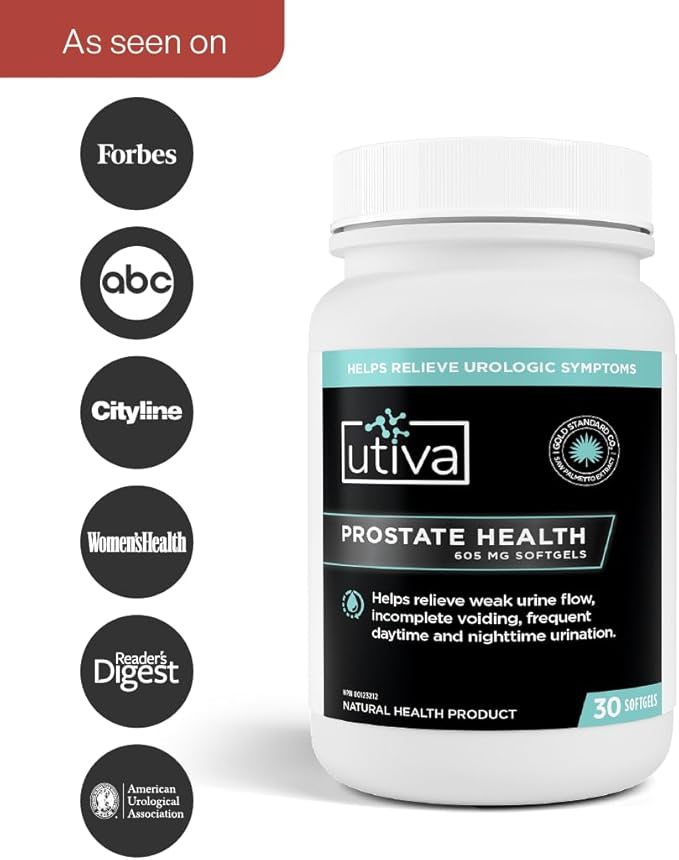 Utiva Prostate Health Supplement for Men - Natural Formula for Prostate Function and Urine Flow - Beta-Sitosterol and Saw Palmetto Prostate Supplement - Made in Canada, 30 Softgels