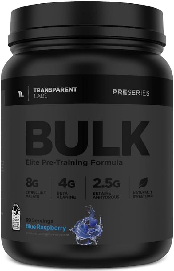 Transparent Labs Bulk Black Pre Workout - Clinically Dosed, Naturally Sweetened Preworkout for Men and Women with Beta Alanine Powder, Citrulline Malate, & Caffeine Powder- 30 Servings, Blue Raspberry
