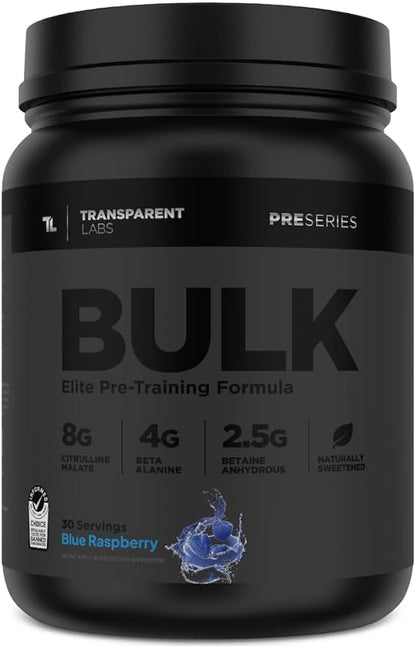 Transparent Labs Bulk Black Pre Workout - Clinically Dosed, Naturally Sweetened Preworkout for Men and Women with Beta Alanine Powder, Citrulline Malate, & Caffeine Powder- 30 Servings, Blue Raspberry
