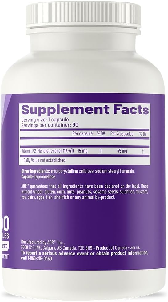 AOR, Peak K2, Supports Bone and Cardiovascular Health and Normal Blood Clotting, Dietary Supplement, 90 servings (90 capsules)