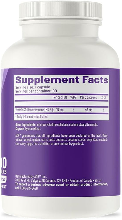 AOR, Peak K2, Supports Bone and Cardiovascular Health and Normal Blood Clotting, Dietary Supplement, 90 servings (90 capsules)