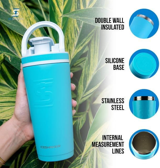 Ice Shaker Insulated Stainless Steel Shaker Bottle | 26oz, Caribbean | Cold for 30+ Hours | Insulated Cup with Twist-on Agitator | Odor-Free Shaker Cup for Protein Shakes, Water, Smoothies, Cocktails