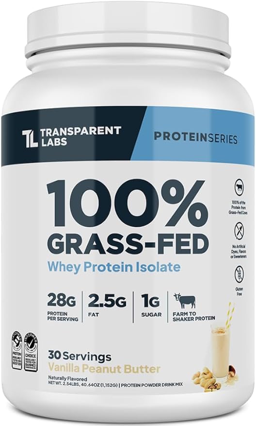 Transparent Labs Grass-Fed Whey Protein Isolate - Natural Flavor, Gluten Free Whey Protein Powder w/ 28g of Protein per Serving & 9 Essential Amino Acids - 30 Servings, Vanilla Peanut Butter