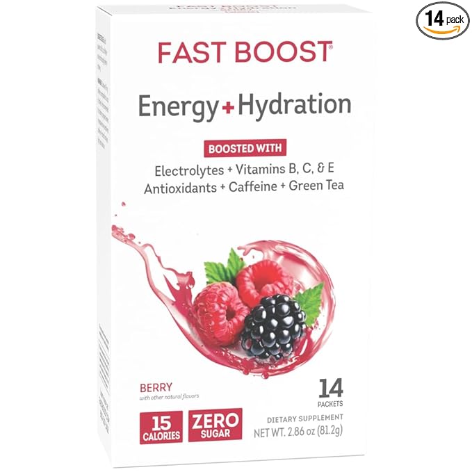 WonderSlim FAST BOOST Energy & Hydration Drink Mix, Berry, with Electrolytes, Vitamins B, C & E, Antioxidants, No Sugar (14ct)