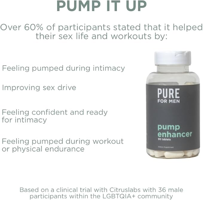 Pure for Men Pump Enhancer | Pre Workout Supplement for Muscle Pump, Stamina and Increased Blood Flow | Nitric Oxide Booster with L-Arginine & L-Citrulline | Focus and Energy Support | 90 Count