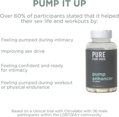 Pure for Men Pump Enhancer | Pre Workout Supplement for Muscle Pump, Stamina and Increased Blood Flow | Nitric Oxide Booster with L-Arginine & L-Citrulline | Focus and Energy Support | 90 Count