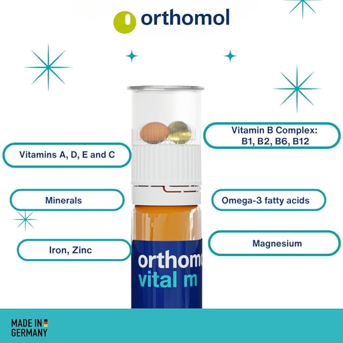 Orthomol Vital M Vial – 30-Day Men's Vitamin Supplement with A, B, C, D, E, K, Iodine & Omega-3 – Supports Male Energy & Vitality