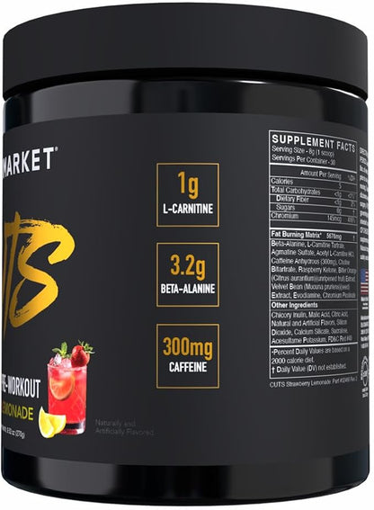 BLACKMARKET CUTS Pre Workout - Flavored Energy Powdered Drink Mix for Men & Women, Great for Muscle Definition, Thermogenic, Creatine Free, (Strawberry Lemonade, 30 Servings)