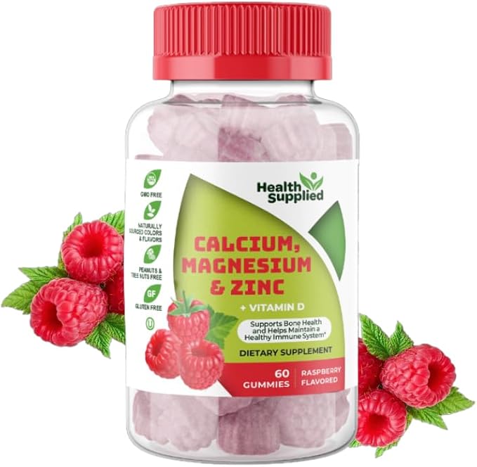 Calcium Magnesium & Zinc + Vitamin D Gummies | Bone Health Immune Health Energy and Muscle Function | Daily Dietary Vitamin Supplement | for Adults, Teens | Fruity Raspberry Flavor