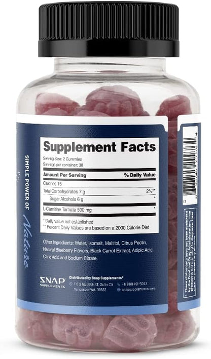 Sugar Free L Carnitine 500mg Gummy - Natural Pre Workout L-Carnitine Supplement - Increased Energy, Faster Recovery, Boost Metabolism, Pre Workout for Women & Men, Blueberry Flavor (60 Gummies)