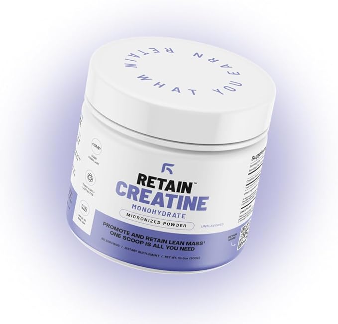 RETAIN Creatine Monohydrate Powder (60 Serv) - 100% Micronized High Absorption Creatine Monohydrate, Lean Muscle Mass & Recovery