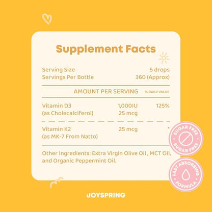 JoySpring Vitamin D3 Kids Drops with Vitamin K2 |360 Servings (2 fl oz)| Vitamin D Toddler Liquid Supplement | Children's Vitamin D Calcium Absorption & Joint Health Support | Vitamin D Kids Ages 3-18