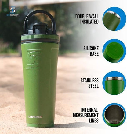 Ice Shaker Insulated Stainless Steel Shaker Bottle | 26oz, Green | Cold for 30+ Hours | Insulated Cup with Twist-on Agitator | Odor-Free Shaker Cup for Protein Shakes, Water, Smoothies, Cocktails