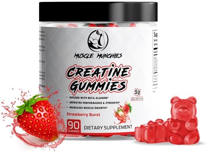 Muscle Munchies Creatine Chewable Gummies for Men & Women-Infused with Beta Alanine-5g of Creatine Per Serving-Increases Strength, Muscle Growth, Endurance, & Recovery-Vegan, NonGMO (Strawberry Burst)