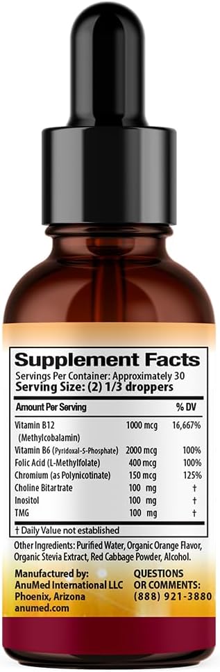 ANUMED - Lipotropic Complex Liquid Drops with Vitamin B12, B6, Folic Acid, Choline, Inositol for Liver Health, Natural Cleanser, Detox + Boosts Natural Energy Levels. Vegan, Non-GMO, Gluten-Free (2oz)