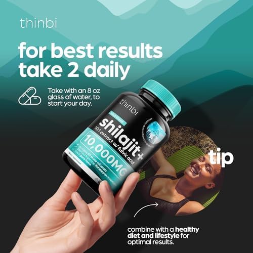 Thinbi Pure Himalayan Shilajit 10000mg Maximum Potency Organic Capsules 90 Count with Fulvic Acid & Trace Minerals for Enhanced Energy and Immune Support Men & Women Better Than Shilajit Resin