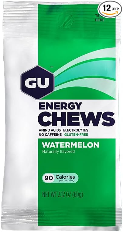 GU Energy Chews, Watermelon Energy Gummies with Electrolytes, Vegan, Gluten-Free, Kosher, Caffeine-Free, and Dairy-Free On-The-Go Energy for Any Workout, 12 Bags (24 Servings Total)