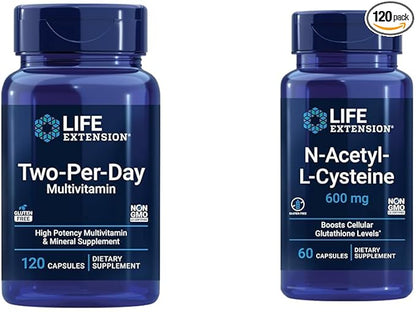 Life Extension Two-Per-Day Multivitamin, Vitamins B, C, D, zinc, 25 Vitamins, Minerals & extracts, 120 Capsules Bundle with N-Acetyl-L-Cysteine (NAC) 600 mg, 60 Capsules
