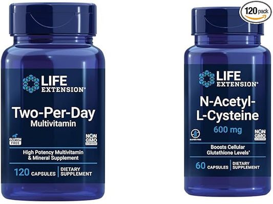 Life Extension Two-Per-Day Multivitamin, Vitamins B, C, D, zinc, 25 Vitamins, Minerals & extracts, 120 Capsules Bundle with N-Acetyl-L-Cysteine (NAC) 600 mg, 60 Capsules