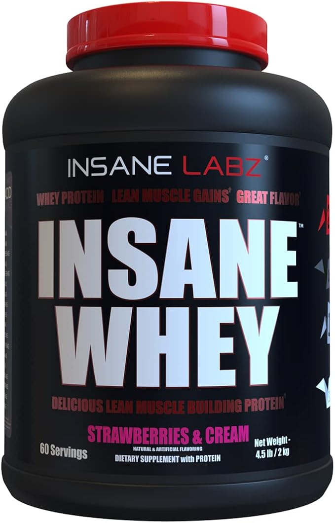 Insane Labz Insane Whey,100% Muscle Building Whey Protein, Post Workout, BCAA Amino Profile, Mass Gainer, Meal Replacement, 5lbs, 60 Srvgs, (Strawberries & Cream)