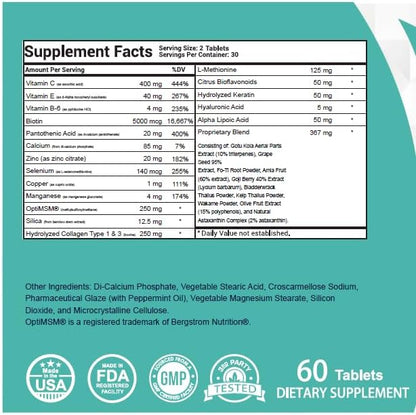 LYVV Hair&Skin&Nails Formula with Collagen, Keratin, Hyaluronic Acid, Antioxidants, Methionine, Biotin, Vitamin C, VItamine E and More - 60 Capsules