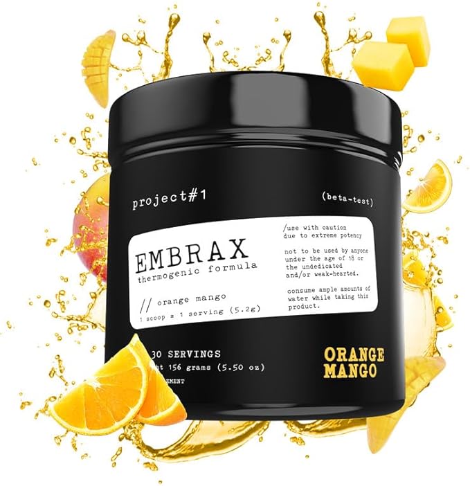 Project #1 Embrax: Thermogenic Preworkout Fat Burner Powder - Best Belly Fat Burner for Women & Men, L-Carnitine Supplement for Weight Loss, and Workout Performance | [30 Servings] - Orange Mango