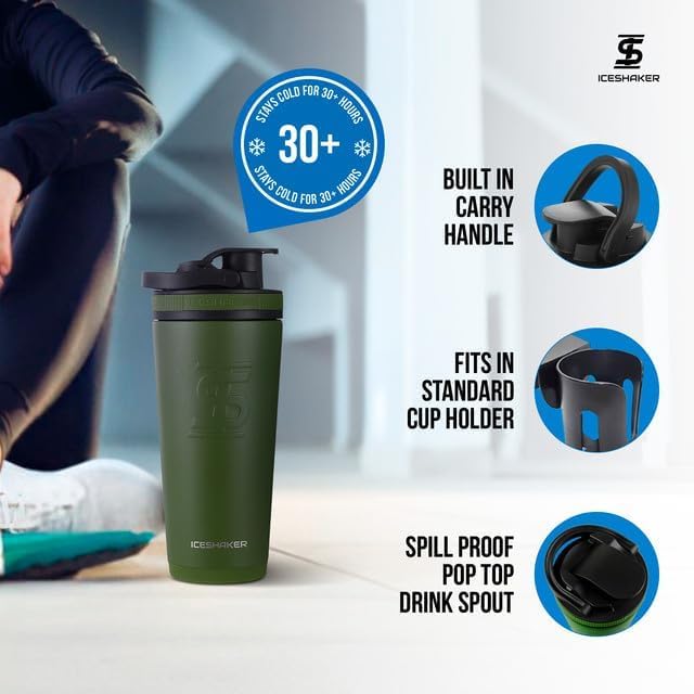 Ice Shaker Insulated Stainless Steel Shaker Bottle | 26oz, Green | Cold for 30+ Hours | Insulated Cup with Twist-on Agitator | Odor-Free Shaker Cup for Protein Shakes, Water, Smoothies, Cocktails